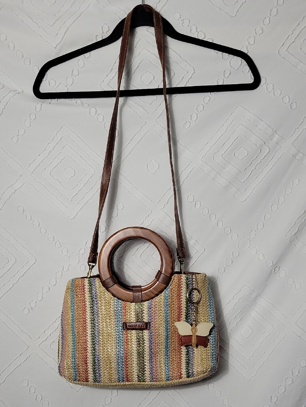 Rosetti Multicolor Striped Straw Shoulder Bag with Wood Ring Handles